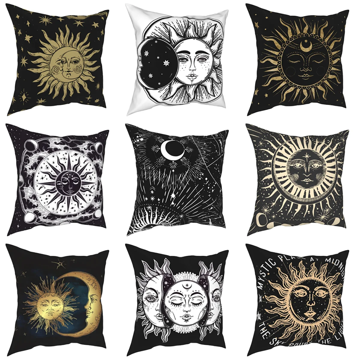 Sun And Moon Gold Black White Pillow Case Vintage Stars Zodiac Tarot Cushion Covers Decor Pillowcase for Sofa 45x45cm