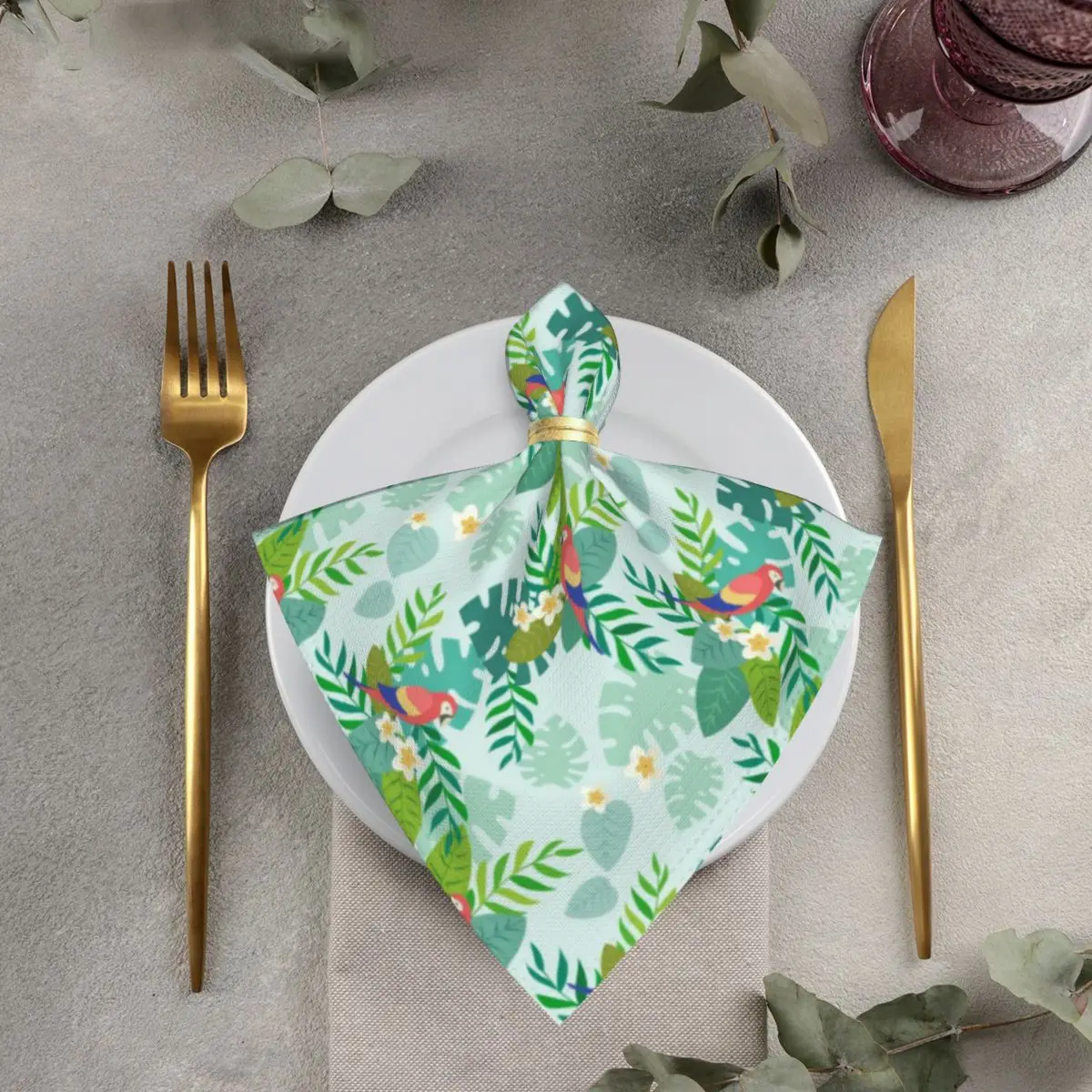 

50cm Table Napkins Cloth Square Napkin Parrots On Tropical Leaves Pocket Handkerchief for Wedding Birthday Home Party Hotel