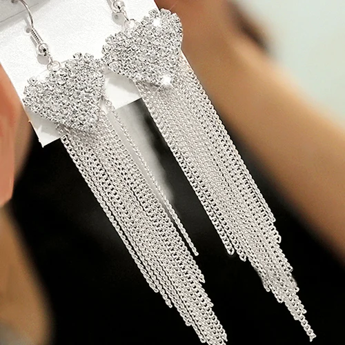 Женские длинные висячие серьги с кристаллами и кисточками в форме сердца для