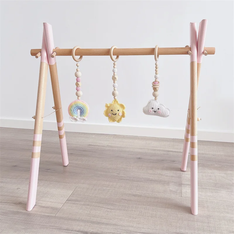 Nordic Baby Play Gym Wooden Baby Gym with 3 Toys Foldable Play Gym Frame Activity Gym Room Decor Shelf Hanging Bar Baby Toy