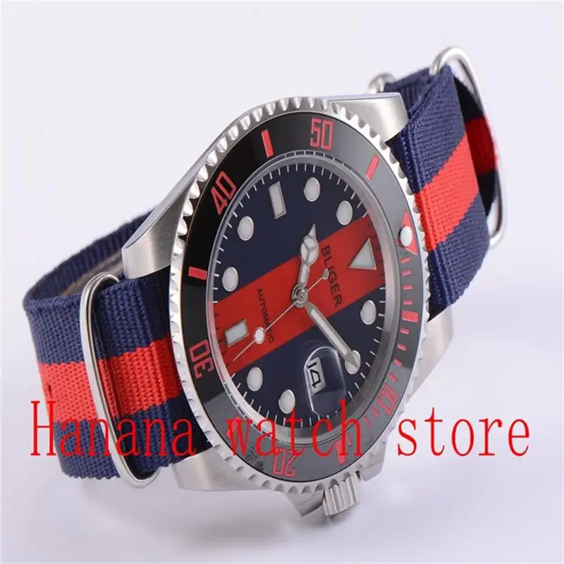 

Casual BLIGER 40MM Blue Red Dial Black Ceramic Bezel Luminous Marks Sapphire Crystal Automatic Movement Mechanical Men's Watch