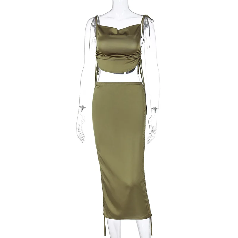 Ruched Satin Summer Dress Drawstring Spaghetti Straps Cowl Neck Backless Sleeveless Dresses For Women Party Sexy Vestidos |