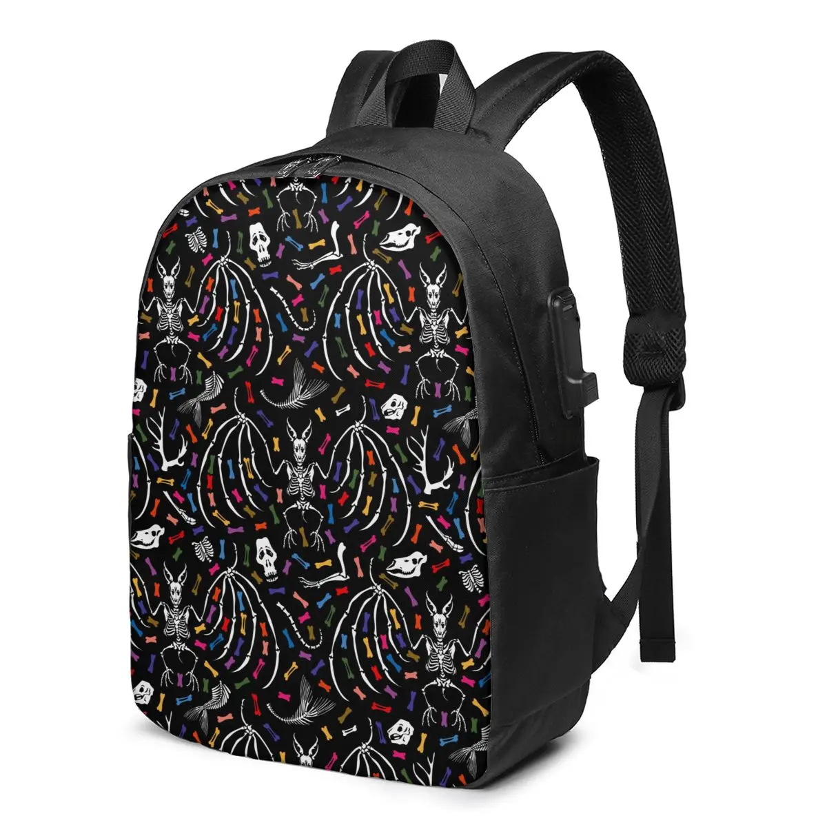 

Школьный рюкзак для мальчиков и девочек, школьный ранец со скелетами летучих мышей и костей, с USB-зарядкой