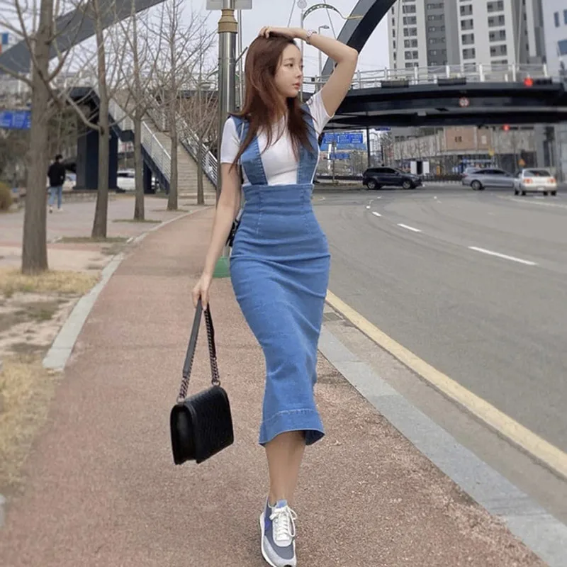 

Streetwear Women Suspender Long Skirts Jeans 2021 Summer Sexy Split Casual Slim Denim Strap Jumpsuit Skrits Femme Saia Longas
