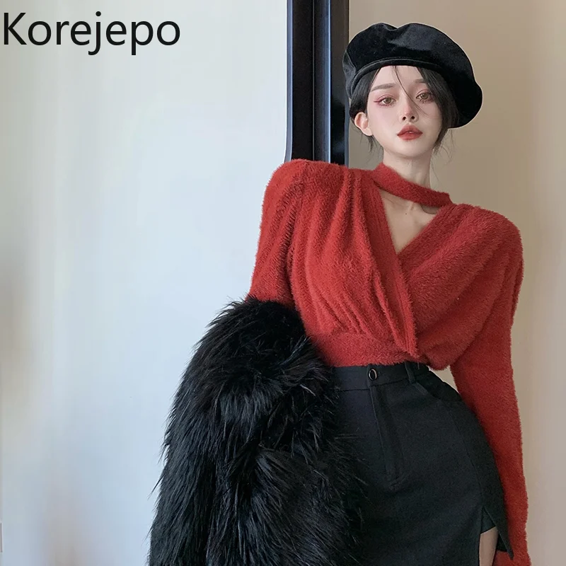 

Свитер женский с V-образным вырезом, красный, на осень/зиму