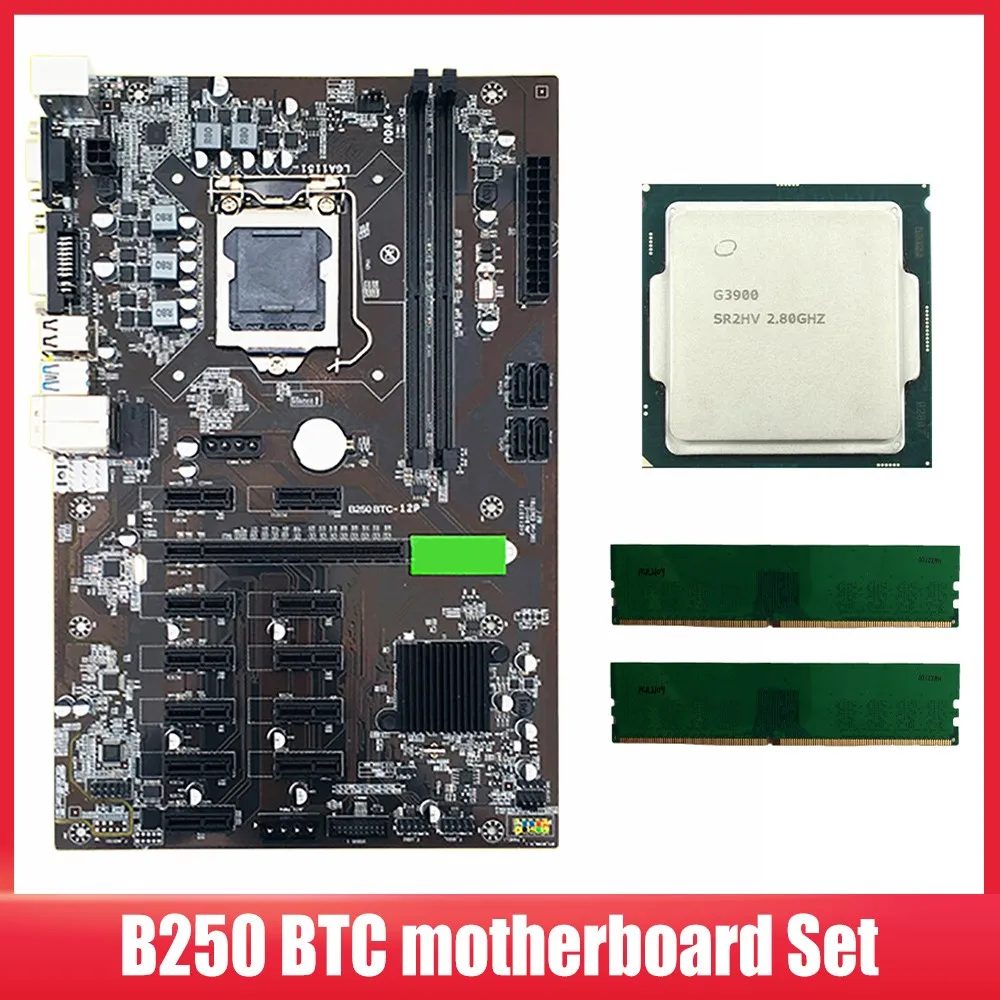 

B250 Mining Motherboard G3900 CPU Frame Rig 12GPU Graphics Slot 12PCI-E Minier Board 8 GB DDR4 Memory Module Motherboard Set