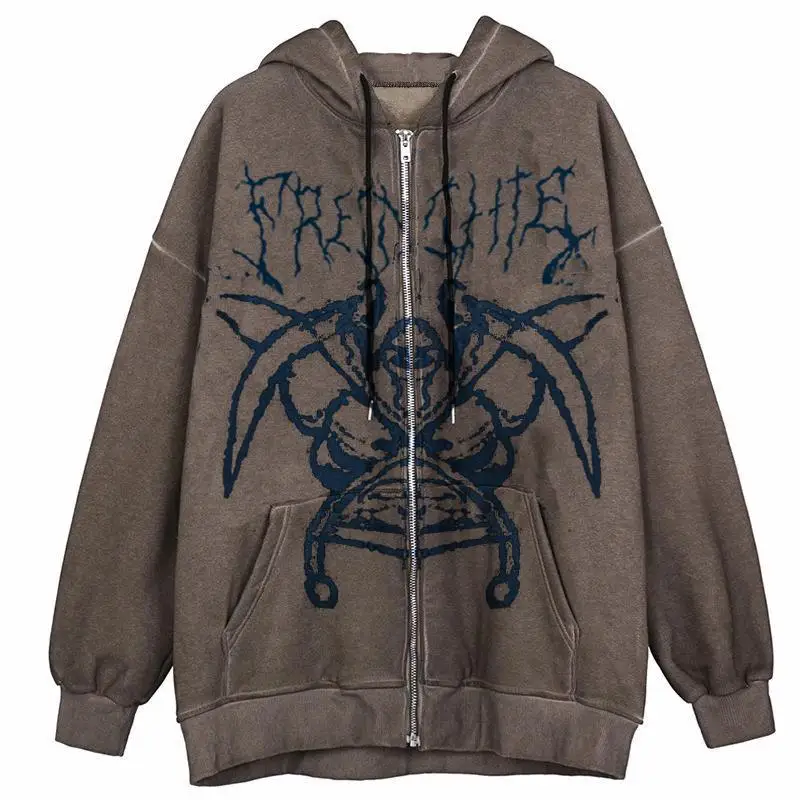 

Female Zip Up Long Sleeve Women's Sweatshirt Y2K Aesthetic Autumn Winter Grunge Streetwear Vintage Brown Color Oversized Hoodies