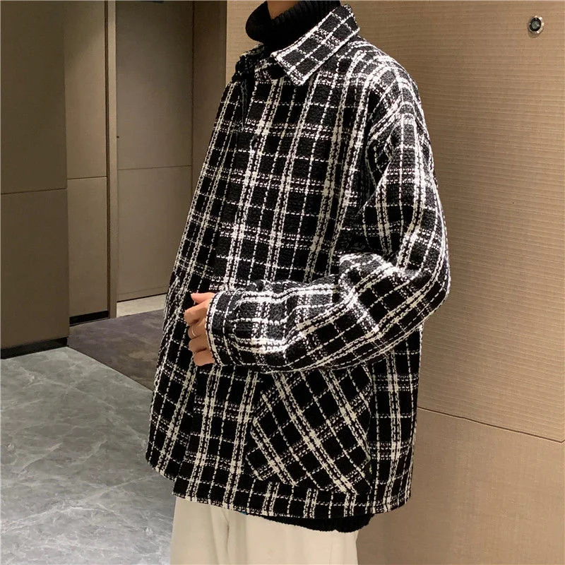 Jacket Men Grid Coat Lapel Large Thickened Loose Couple Winter Tidal Current Streetwear Leisure Fashion The New Listing