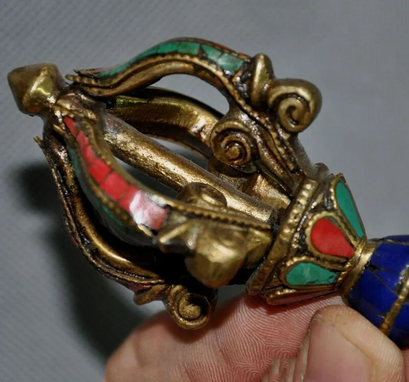 

wedding decoration 6" Old Tibet Buddhism bronze inlay Turquoise coral Dorje Vajra Phurpa talisman
