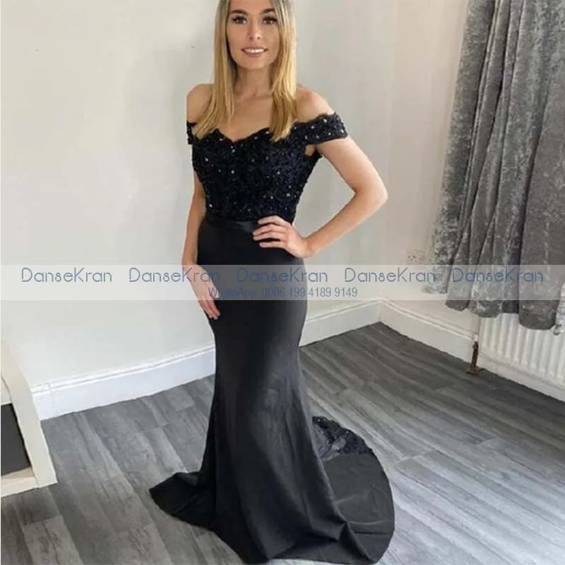

Женское вечернее платье с юбкой-годе, черное атласное длинное платье с открытыми плечами, кружевным верхом и аппликацией из бисера, для выпу...
