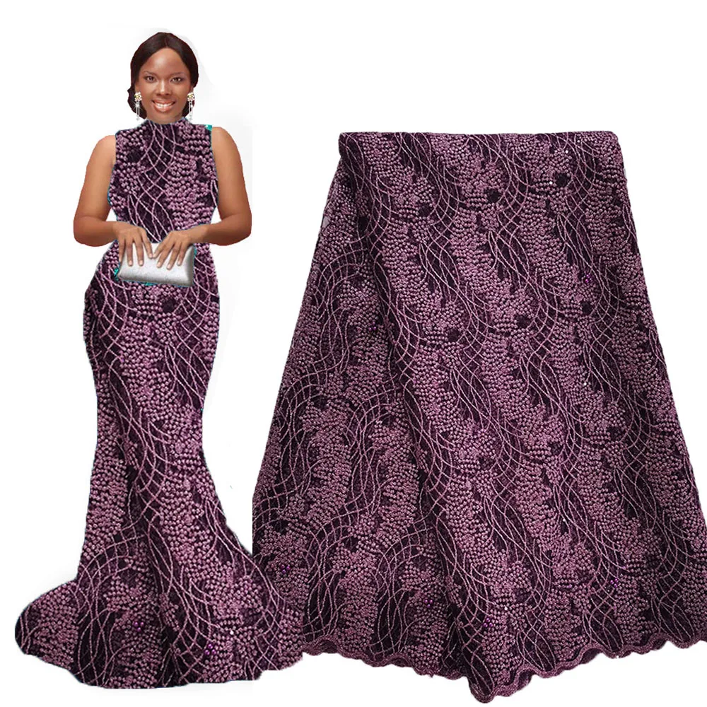 Элегантная фиолетовая Золотая оптовая продажа нигерийских кружевных тканей для