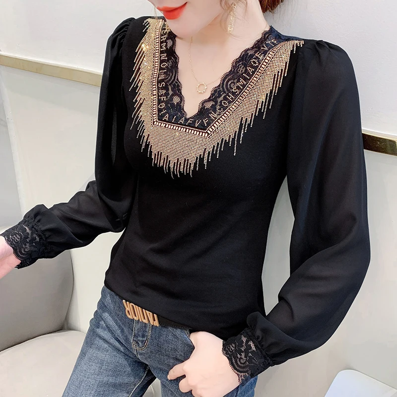 

2021 Spring Woman tshirt New Fashion Lace Stitching Diamond Tops And Shirt Sexy Hollow Slim Hot Drilling mujer camisetas