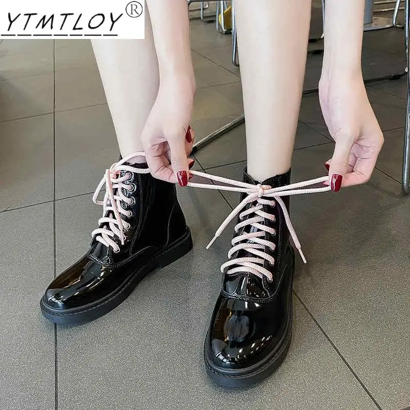 

2022 Winter Motorcycle Women's Platform Lace-up Leather Punk Ankle Lace-up Waterproof Black Boots Shoes Zapatos De Mujer