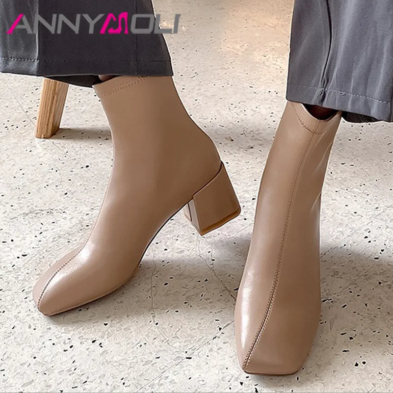 

Ботильоны ANNYMOLI женские с квадратным носком, Стрейчевые короткие сапоги на толстом каблуке, осенние черные, персиковые, размер 40