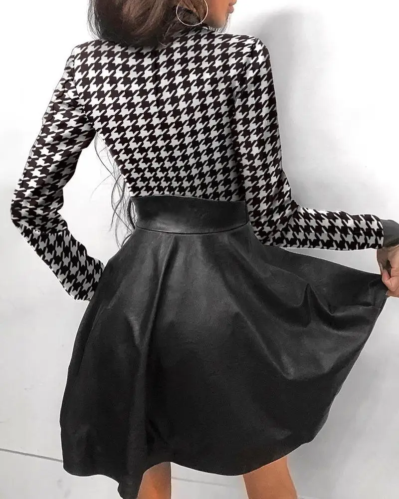

Lace Sexy Mesh Patchwork Mini Dresses For Women 2021 Spring Autumn Fashion Pocket Zipper Long Sleeve Leather Ladies Dress
