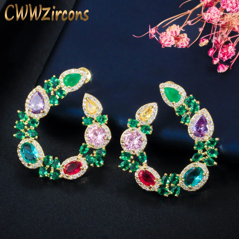 Green CWWZircons уникальный цветочный дизайн в виде листьев Элегантные Желтые Позолоченные большие круглые Зеленые Изумрудные Серьги для женщин ювелирные изделия подарок CZ604 - Цвет камня: Green