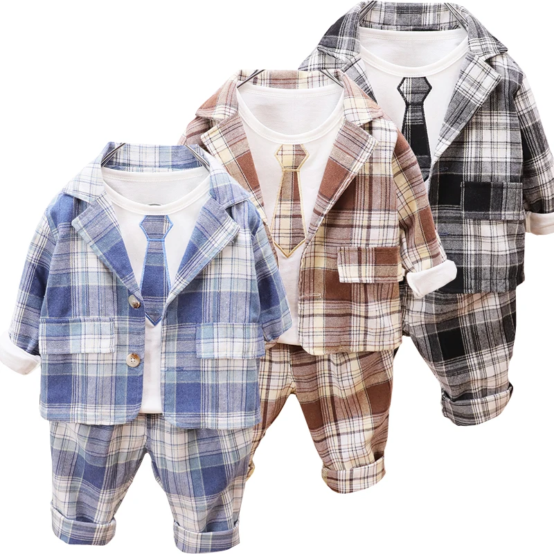 

3 Pcs/set New Arrival Children's Clothing Formal Boys Plaid Suit Long Sleeve Coat T-shirt Pants Boutique Kids Clothing ropa bebe