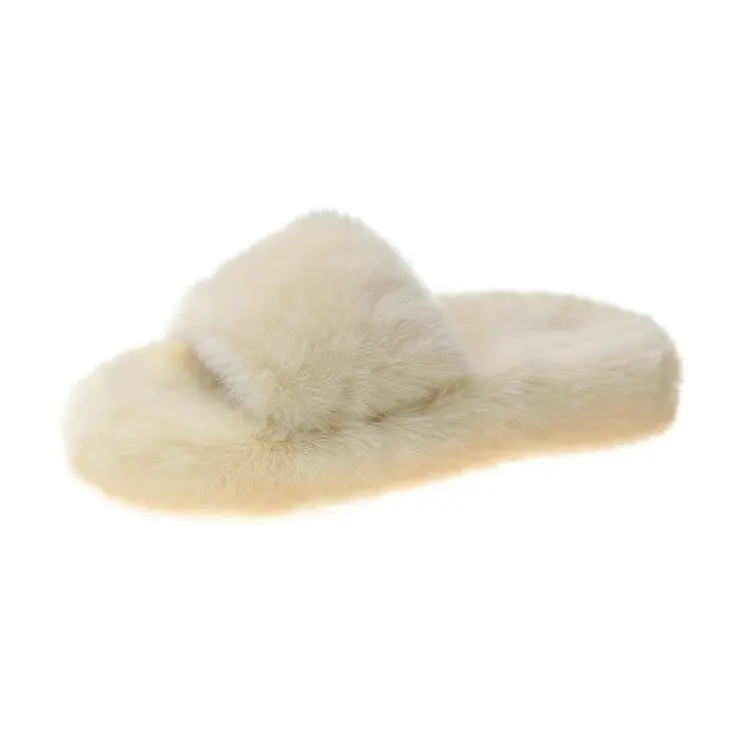 

Furry Slippers Winter Women House Fashion Faux Fur Warm Shoes Women Slip On Flats Female Home Slides Black Plush Indoor Outdoor