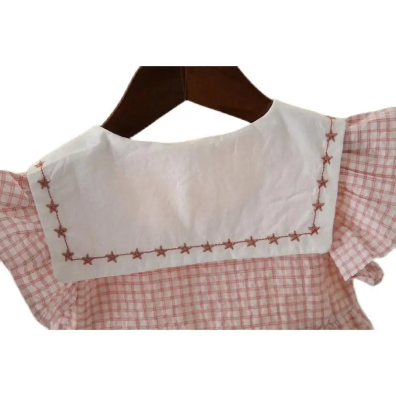 

Summer Baby Girl Dress Flying Sleeve Plaid Princess Dress Button Turn-down Collar A-line Kids Children Toddler Clothes