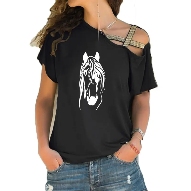 

Креативная забавная футболка с головой лошади, женская летняя футболка с коротким рукавом в виде животного, топы для девушек с асимметричны...