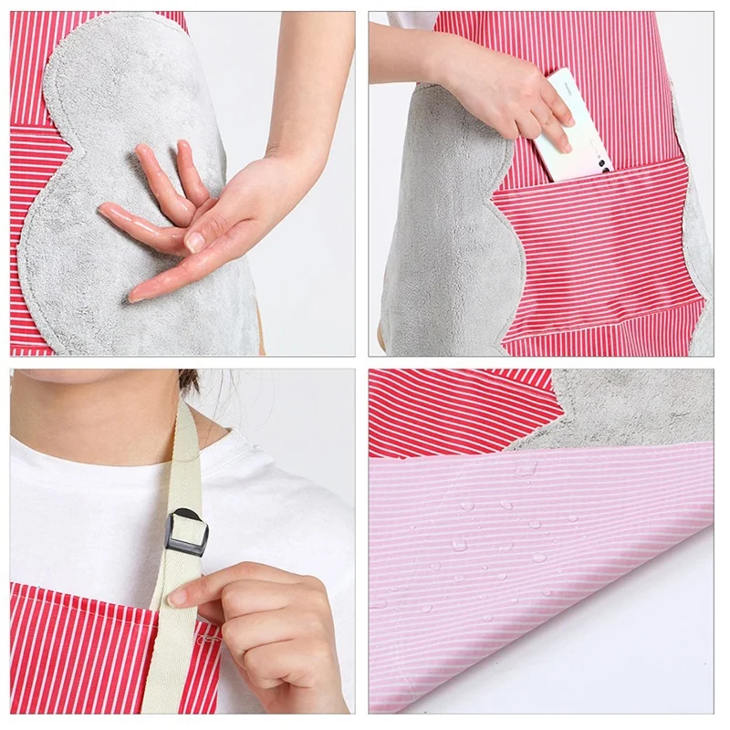 

Kitchen Apron with Side Wipes Absorb Water Adjustable Buckle Oxford Cloth Big Pocket Apron for Women Men Chefs