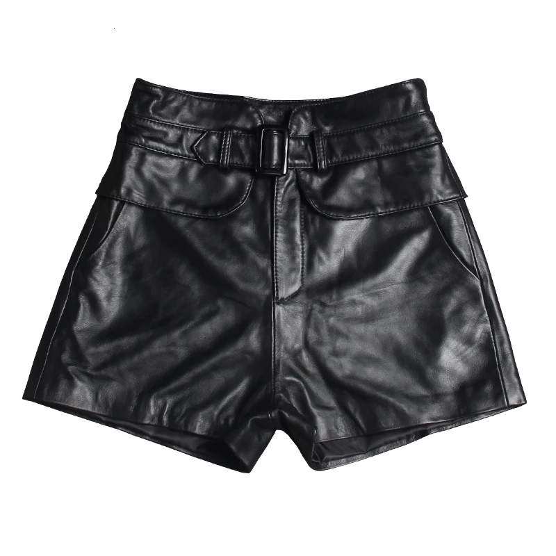 

High Waist Genuine Leather Shorts Femme Design Slim Sheepskin Wide Leg Short Pants 2020 New Street Red Black Ladies Sexy Shorts