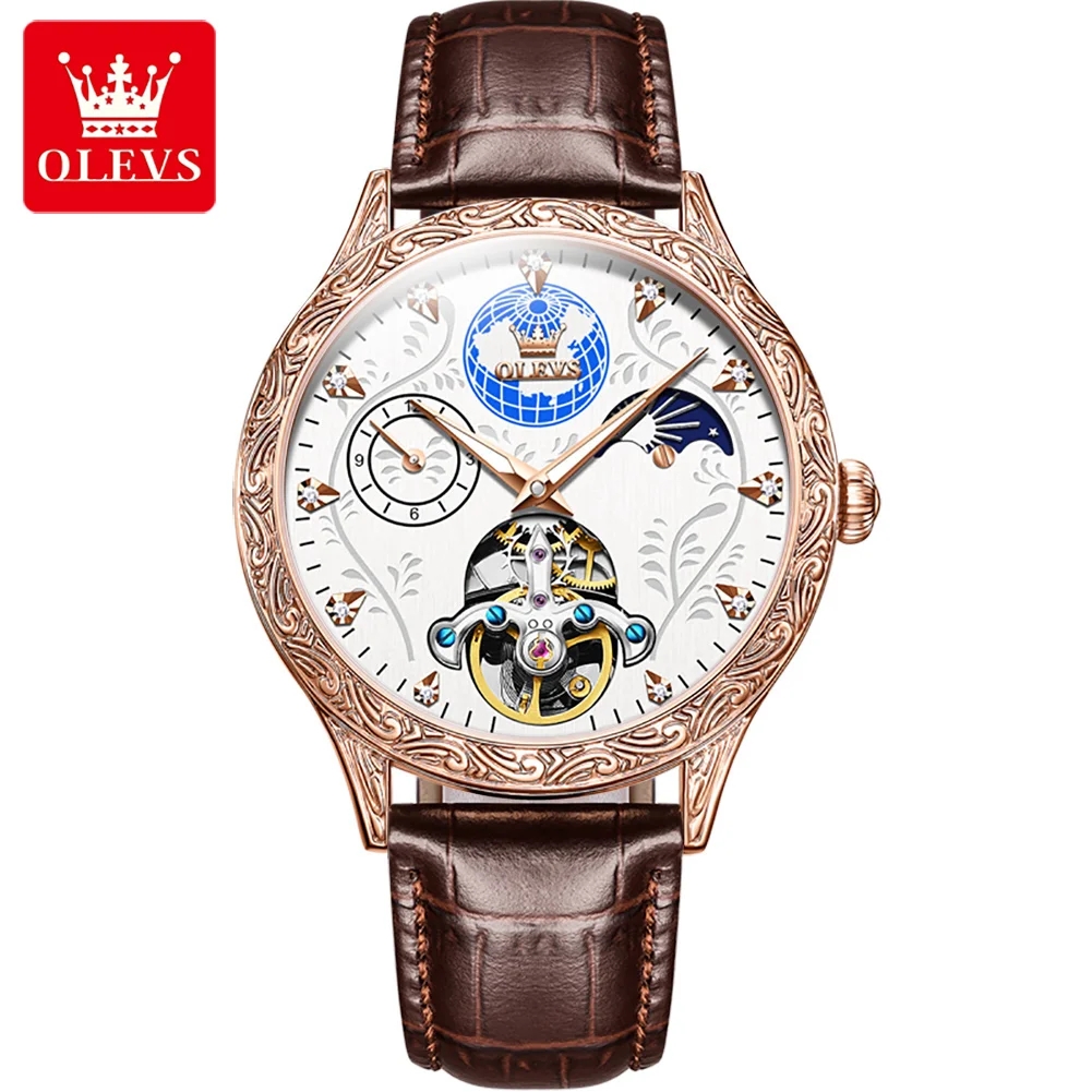 

OLEVS Luxury Men Watch Luminous 50M Waterproof Leather Strap Moon Phase Globe Diamond Automatic Business Men's Mechanical Watch
