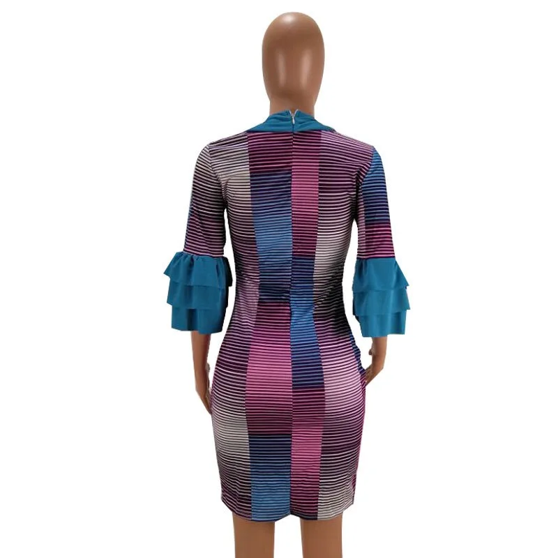 

Office Lady Elegant Print Pencil Dress Flare Sleeve Peter Pan Collar Knee Length Vintage Slim Office Work Business Dress Midi