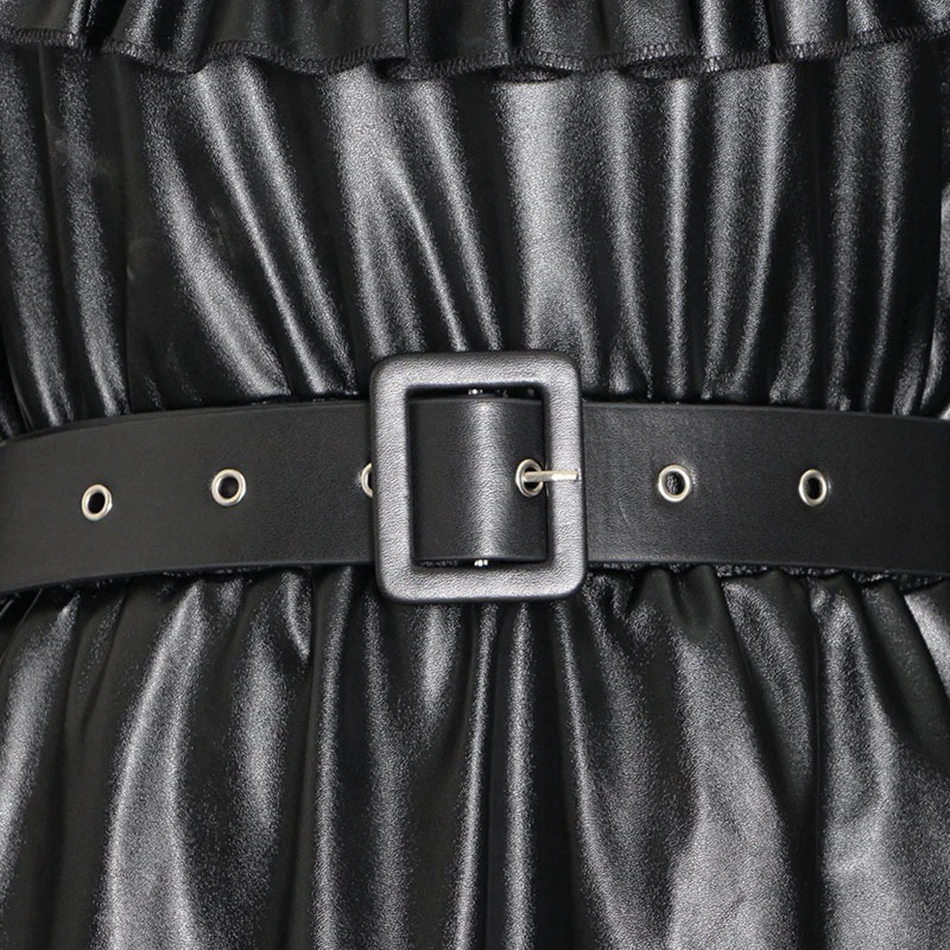 

High Quality 2020 Winter Sexy Stand Collar Lantern Sleeve Belt Pu Leather Dress Elegant Women Celebrity Party Dress Vestidos