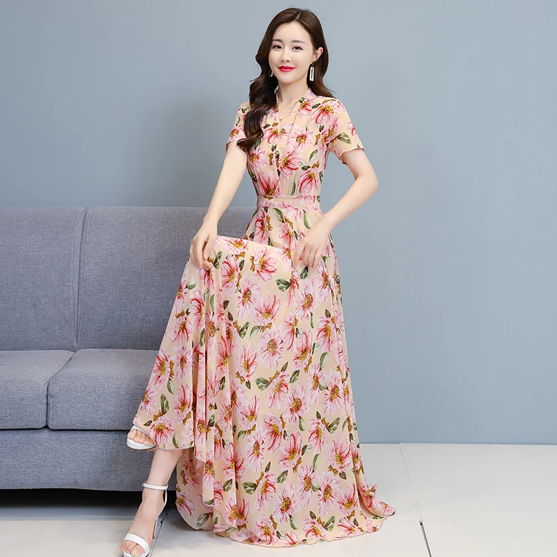 

Women Long Floral Chiffon Dress Summer 2021 Runway Elegant Vintage Boho Maxi Retro Fairy Casual Vacation Party Vestidos New