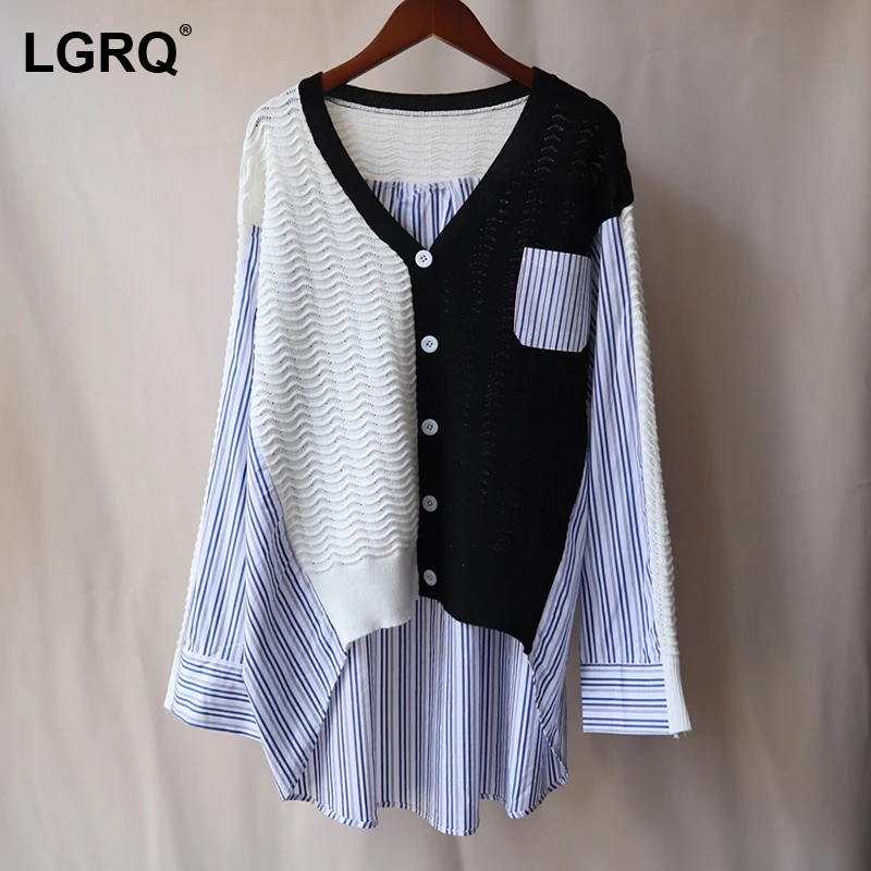 

Женский трикотажный кардиган в полоску LGRQ, Свободный кардиган с V-образным вырезом и длинным рукавом, весна-осень 2021
