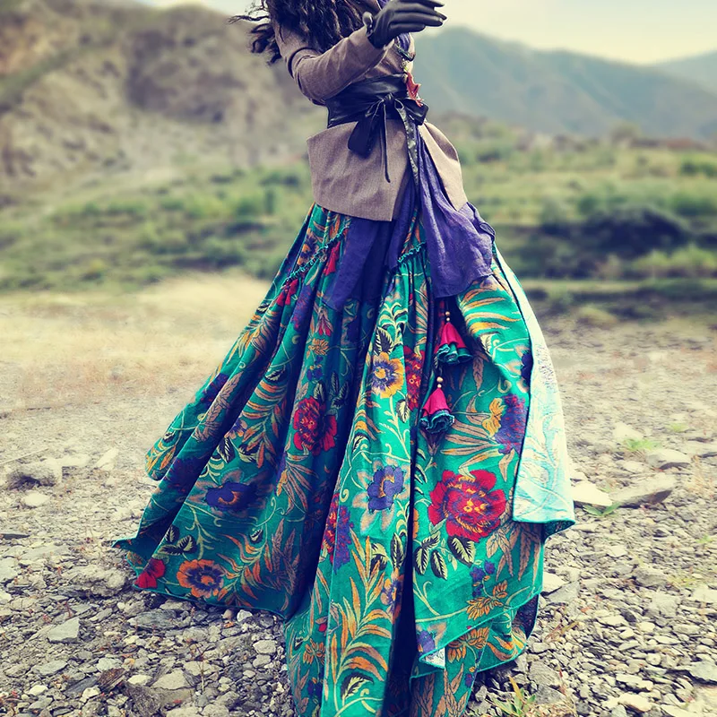 Женские юбки из хлопка и льна с принтом в национальном стиле эластичным поясом