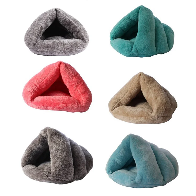 

Толстая треугольная кровать для кошек, зимний теплый коврик для домашних питомцев, спальный мешок, палатка, кровать для щенков, мягкий коври...