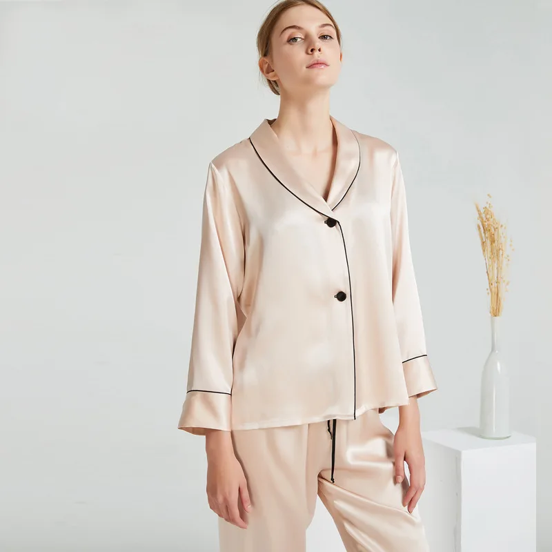 Women's Silk Pajamas Spring and Autumn 100% Pure Silk Tracksuit Two-Piece Suit Can Be Worn Outside