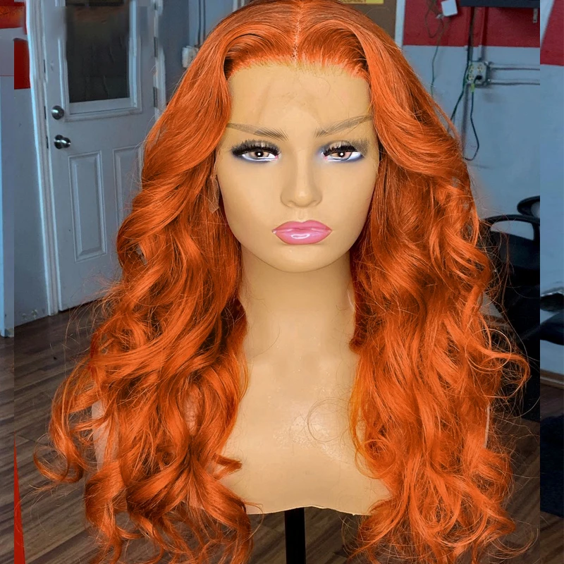 

Body Wave Middle Part Ginger Orange Lace Front Wig With Baby Hair 26Inch Long Heat Resistant Preplucked Synthetic Cosplay/Daily