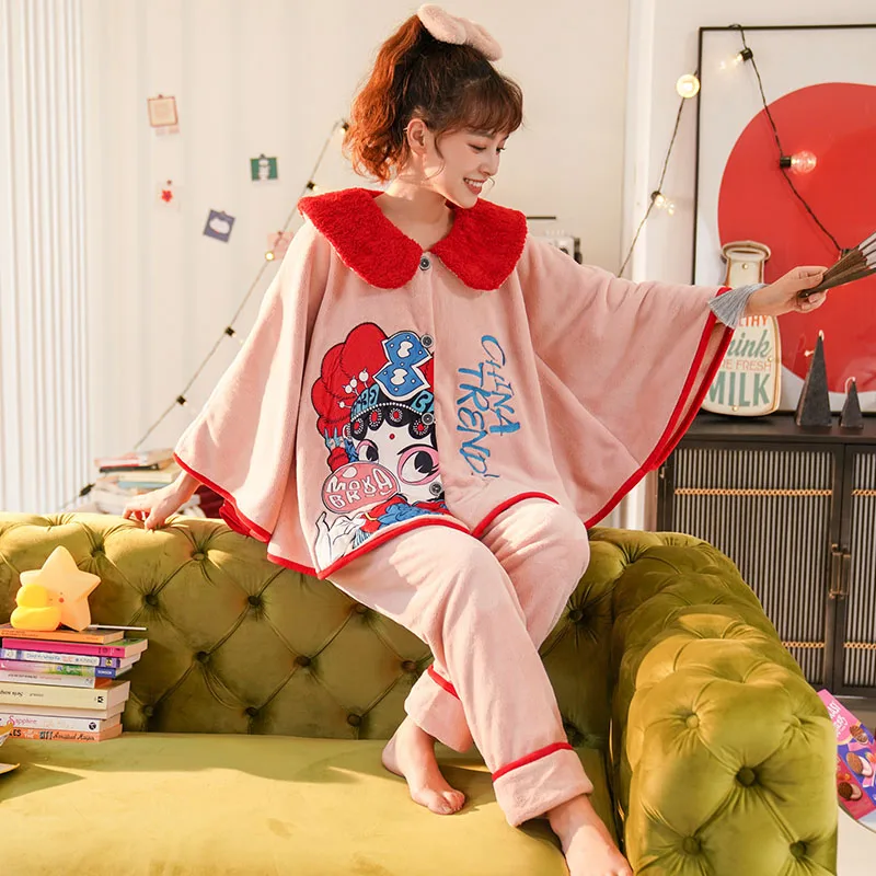 National Tide Chinese Wind Winter Pyjamas Flannel Women Sleepwear Coral Fleece Nightgown Doll Collar Loose Version Batwing