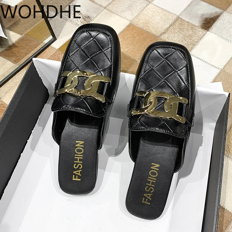 

Однотонные кожаные тапочки в британском стиле, новинка весны 2021, летняя повседневная обувь с квадратным носком, женская обувь на низком каб...
