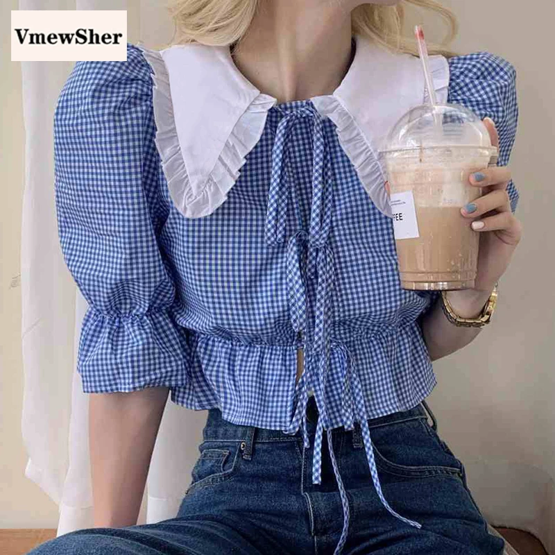 

VmewSher Vintage Peter Pan Collar Women Shirt Plaid Front Bow Blouse Summer Short Puff Sleeve Ruffle High Waist Chic Crop Top