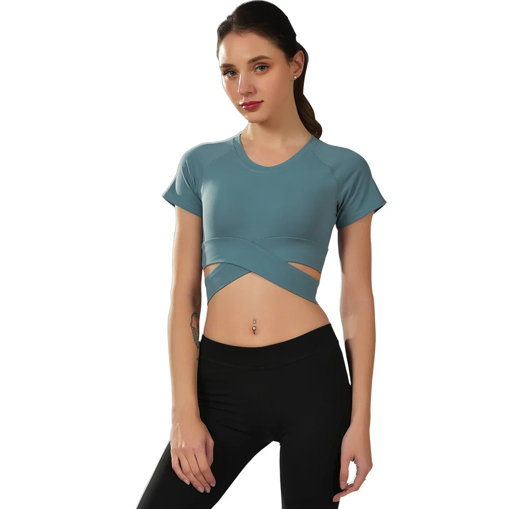 

Women's 2019 Lumbar Sexy Slim Short Sleeve Yoga T-shirt Top GYM Sport Top Cross Running Quick Dry,breathable Spandex,nylon