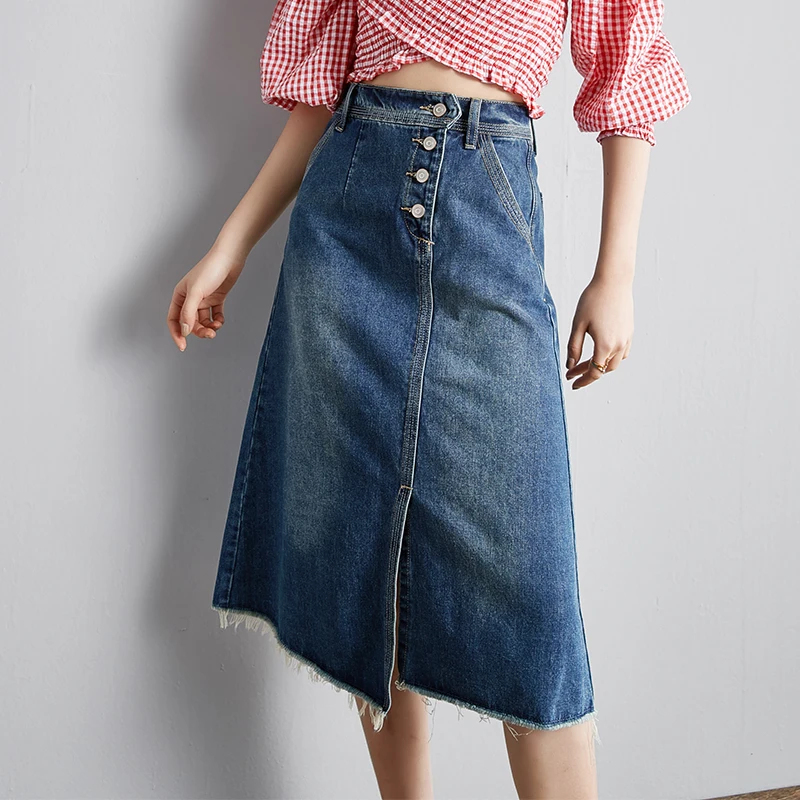 

Spring Summer Women Cotton Denim Skirt Elegant OL Split Skirt Ladies A-Line Midi Skirts
