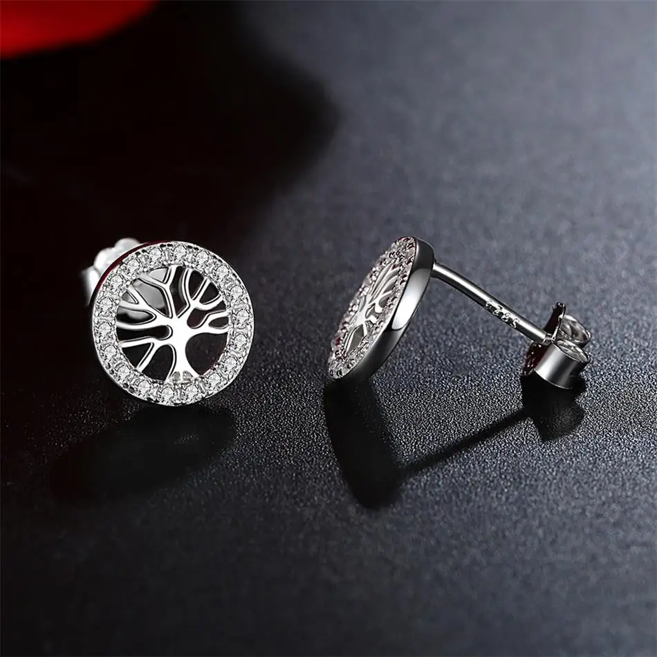 Luxury 925 Sterling Silver Stud Earrings with Rhinestone Circle Tree of Life for Women Birthday Jewelry silver earrings | Украшения и
