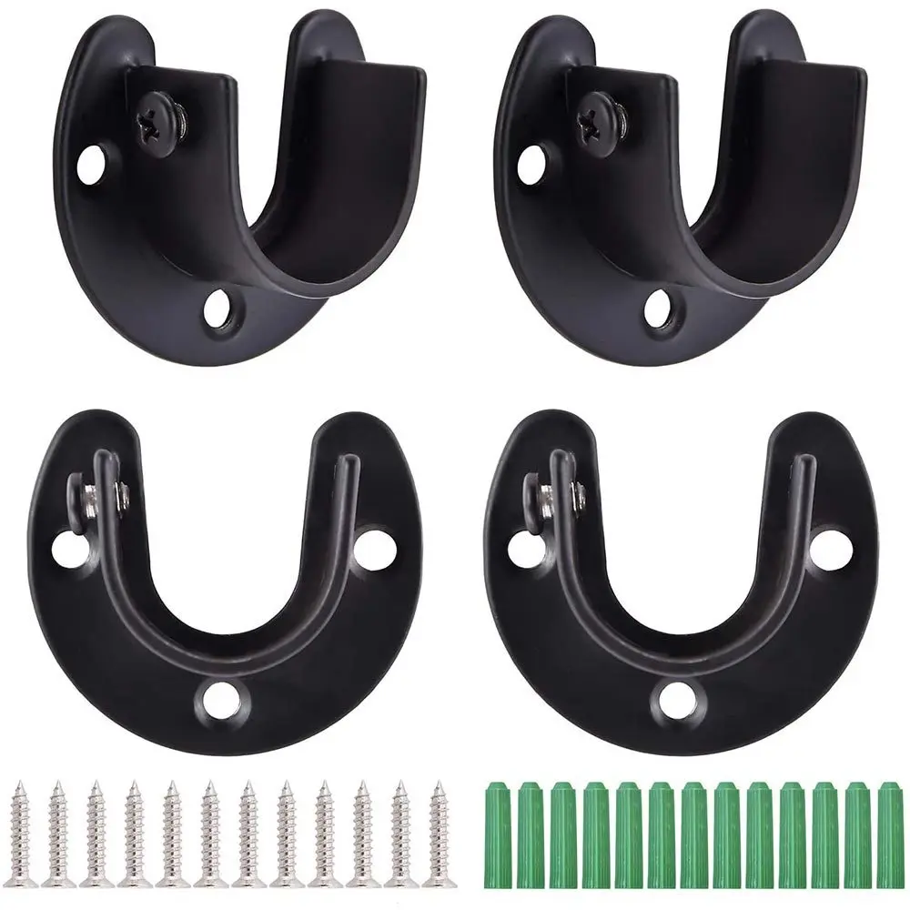 4PCS Black Closet Rod Bracket,U-Shaped Open Closet Rod Holder,Stainless Steel Shower Curtain Rod Pole End Supports