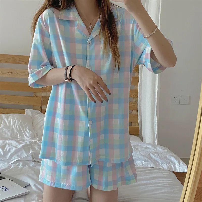 

QWEEK Women's Summer Suit Plaid Turn-down Collar Pajama Set Summer 2021 Korean Fashion Lounge Wear Pyjamas Sleepwear Pijamas
