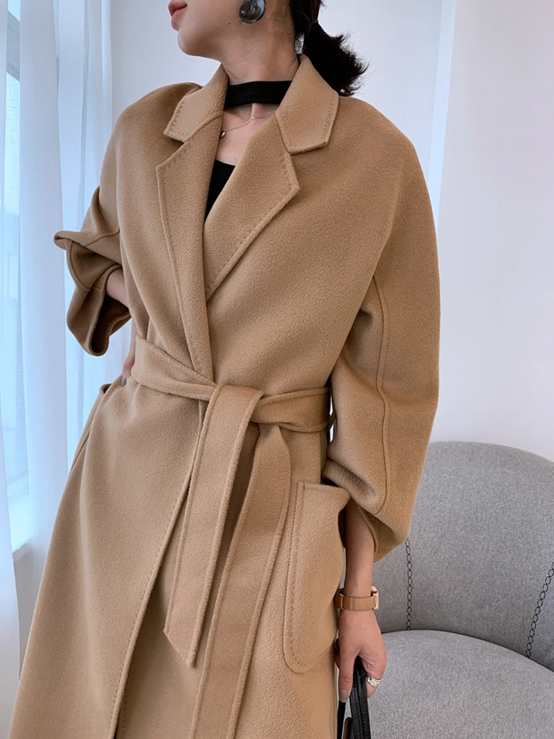 

JCHB 2021 ripple autumn winter high-end water double-sided cashmere coat Women's Mid-length 100% wool double-sided woolen coat