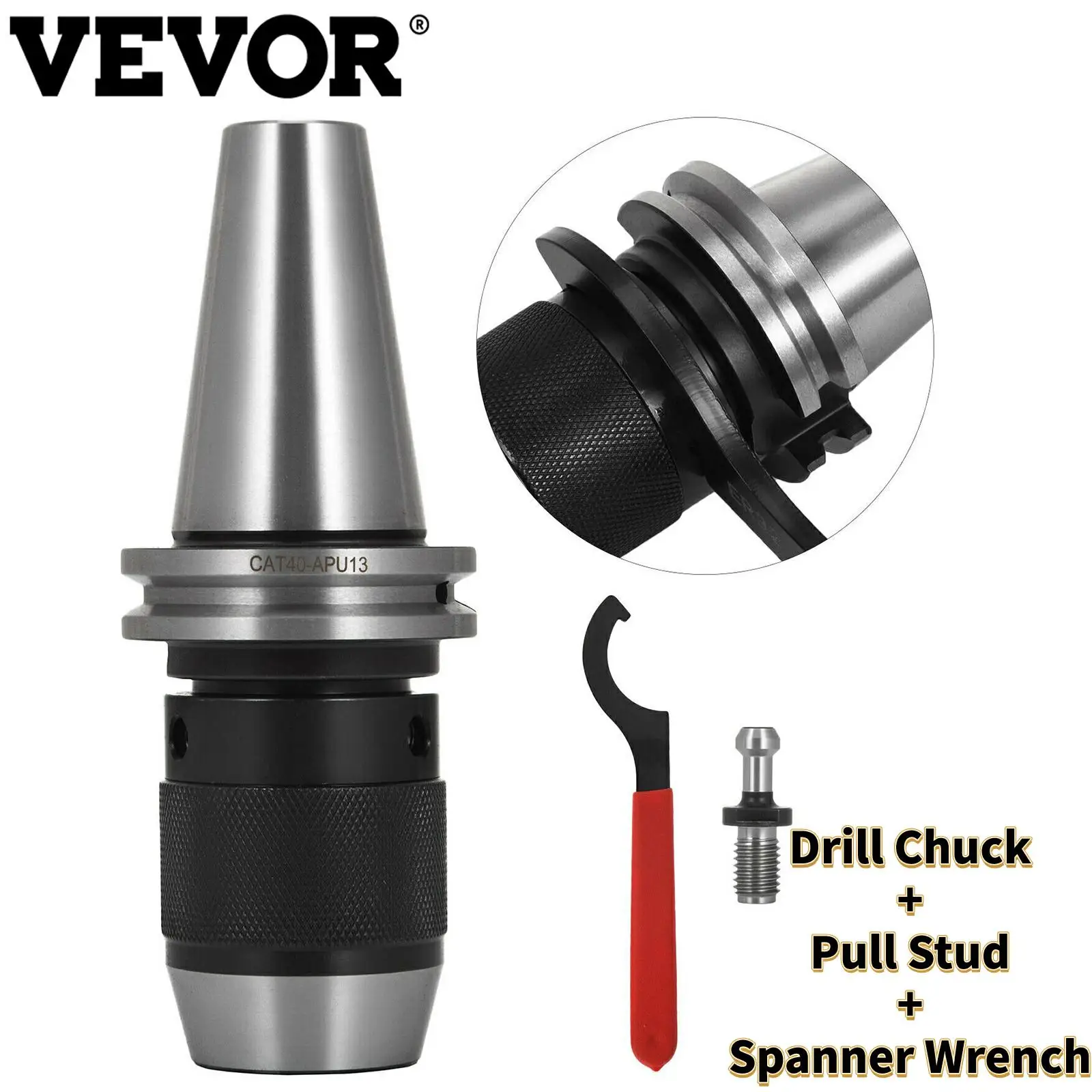 

VEVOR CAT40-APU13-100 Drill Chuck Keyless Collet Chuck Tool Holder W/ Pull Stud Spanner Wrench for CNC Lathe Milling Drill Press