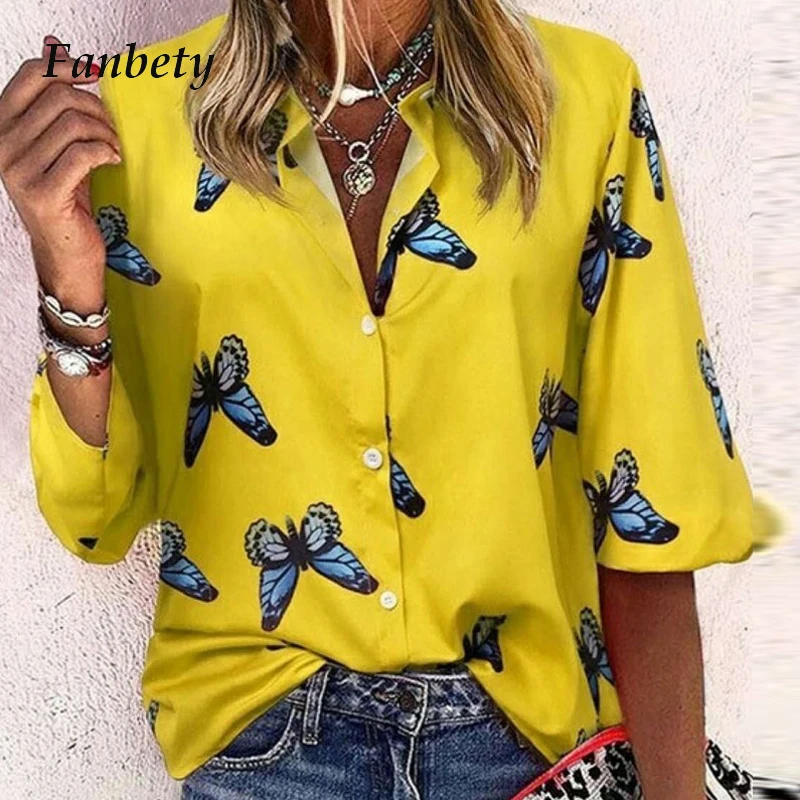 

Elegant Long Sleeve V Neck Button Blouse Shirt Women Casual Plus Size Butterfly Print Tops Streetwear Loose Shirt Blusa Feminino