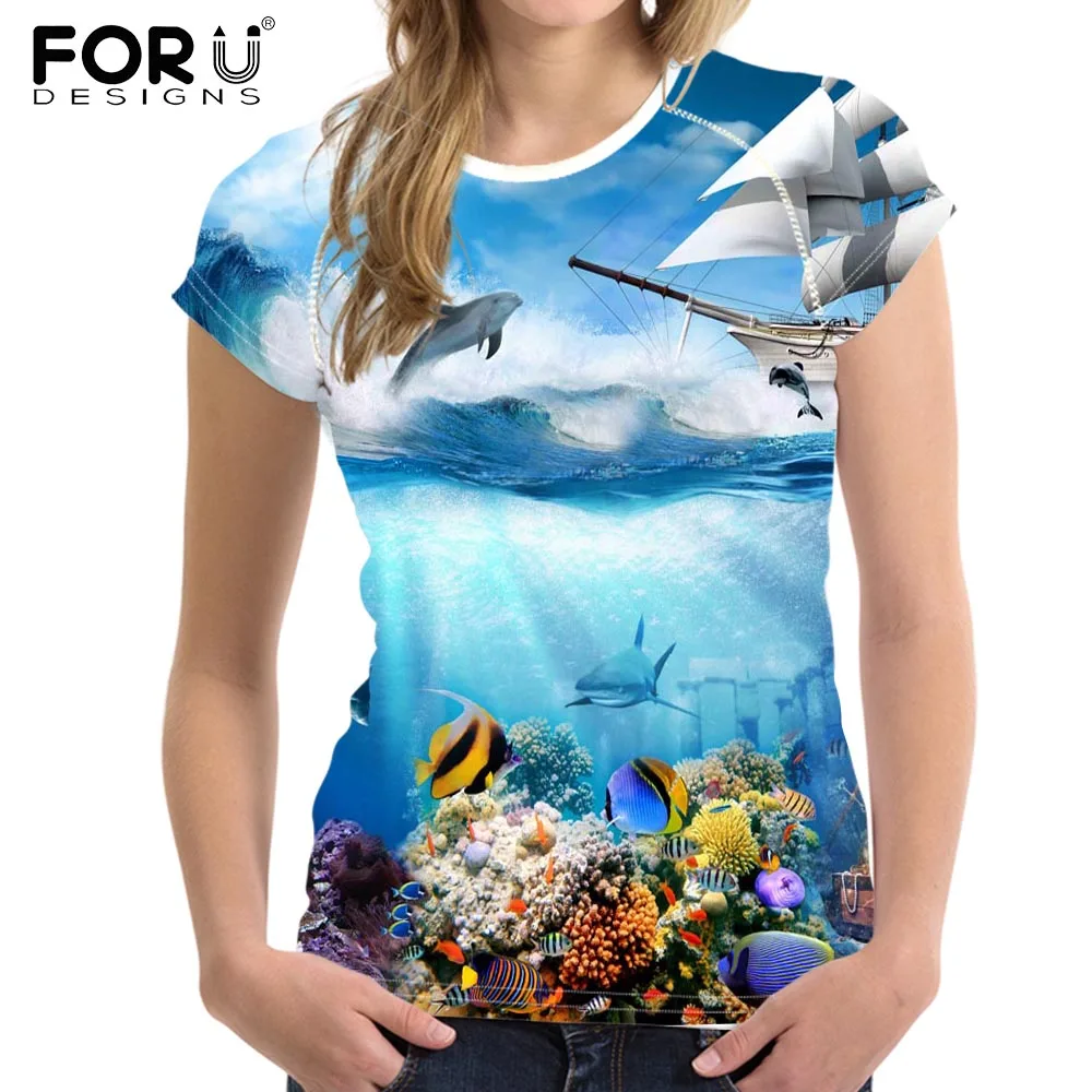 

FORUDESIGNS Blue Under The Sea Design Short Sleeves Women O-neck T Shirts Ladies Tops Slim Bodybuilding Stylish New Style 2021