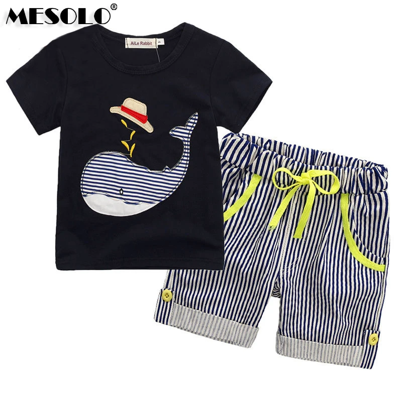 Летний комплект с коротким рукавом и принтом Кита синий топ для мальчиков штаны в