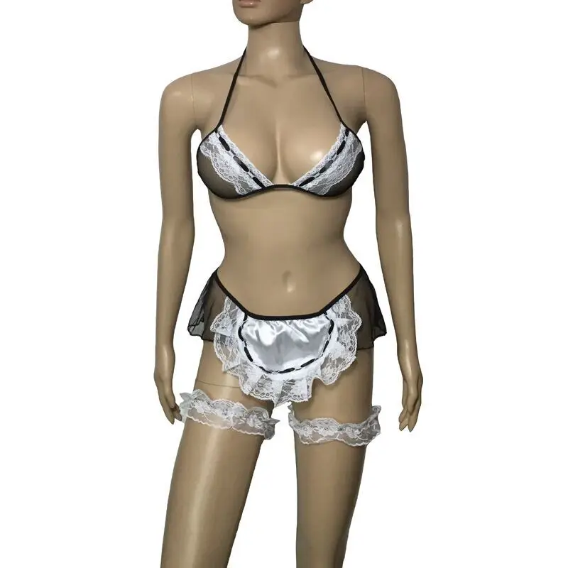 

Эротическая женская форма французской горничной Valentine Babydoll нижнее белье сексуальный кружевной бюстгальтер Топ Фартук костюм комплект
