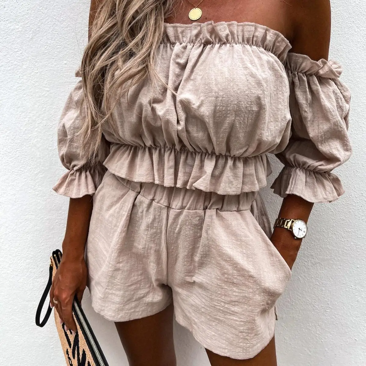 

Summer sexy off-shoulder mini dress with ruffled puff sleeves elastic waist fashion lady suit shorts 2-piece set